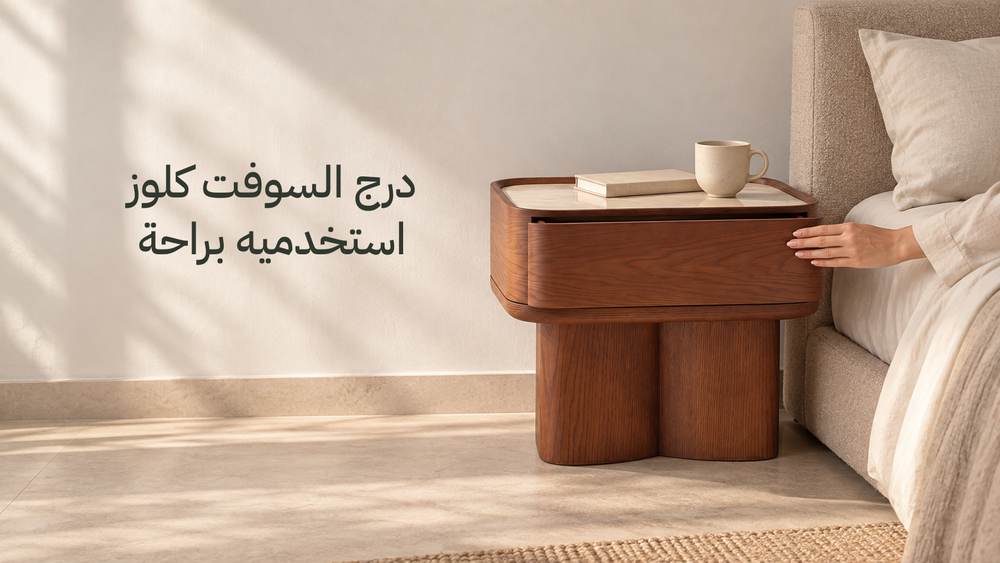 كومود سمول ترافرتين من حيز بجانب السرير مع يد تغلق درج السوفت كلوز بهدوء