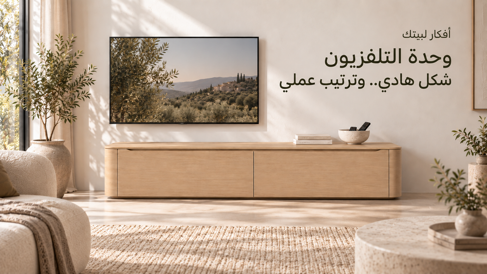 وحدة تلفزيون مينيمال من حيز بتشطيب خشبي فاتح مع شاشة معلقة وتنسيق مرتب للريموتات